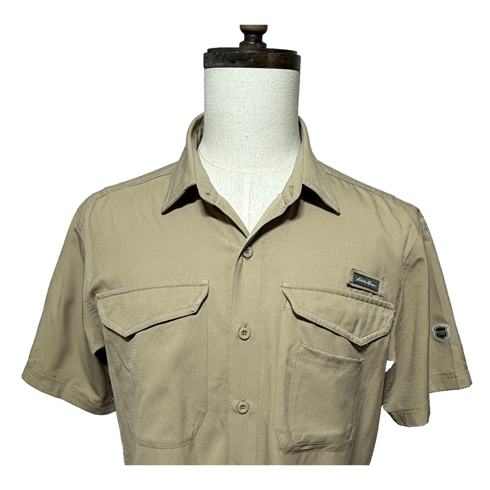Eddie Bauer Shirt Mens Medium Tan Ripstop‎ Vented Fishing Free Dry Pockets